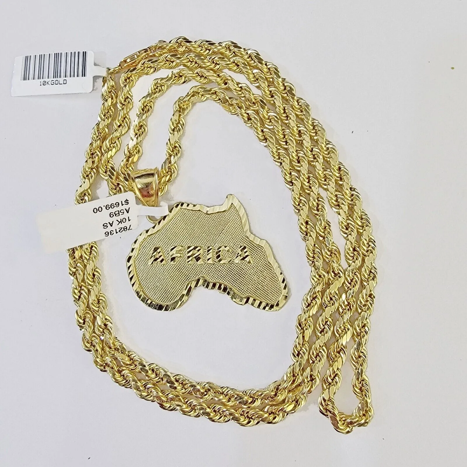 10K Gold Rope Chain African Map Charm Pendant Diamond Cut Men's Women's