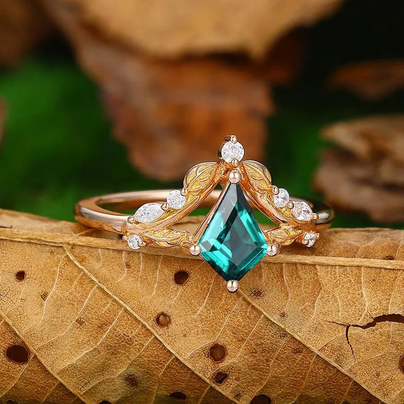1.35 Kite Cut Crown Shaped Leaf Design Emerald Engagement Ring