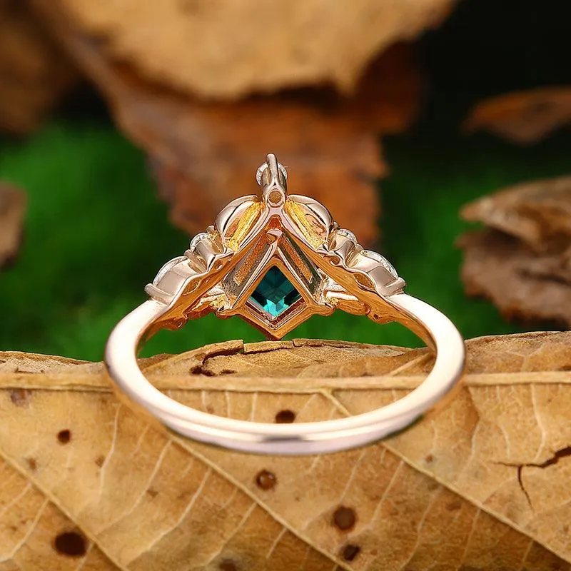 1.35 Kite Cut Crown Shaped Leaf Design Emerald Engagement Ring