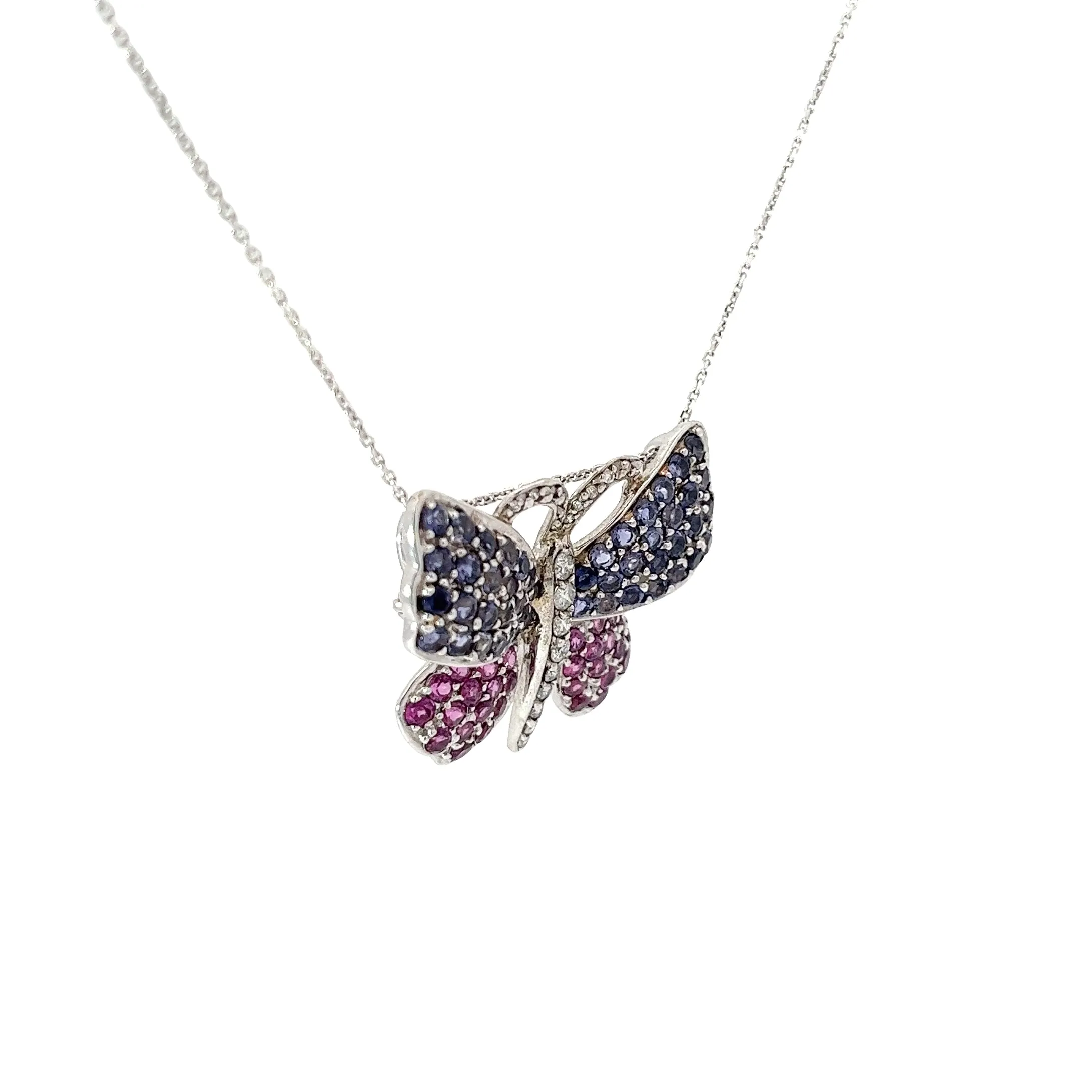 14k White Gold 3.00ct Round Sapphire and .25ct G SI1 Round Diamond Butterfly Necklace