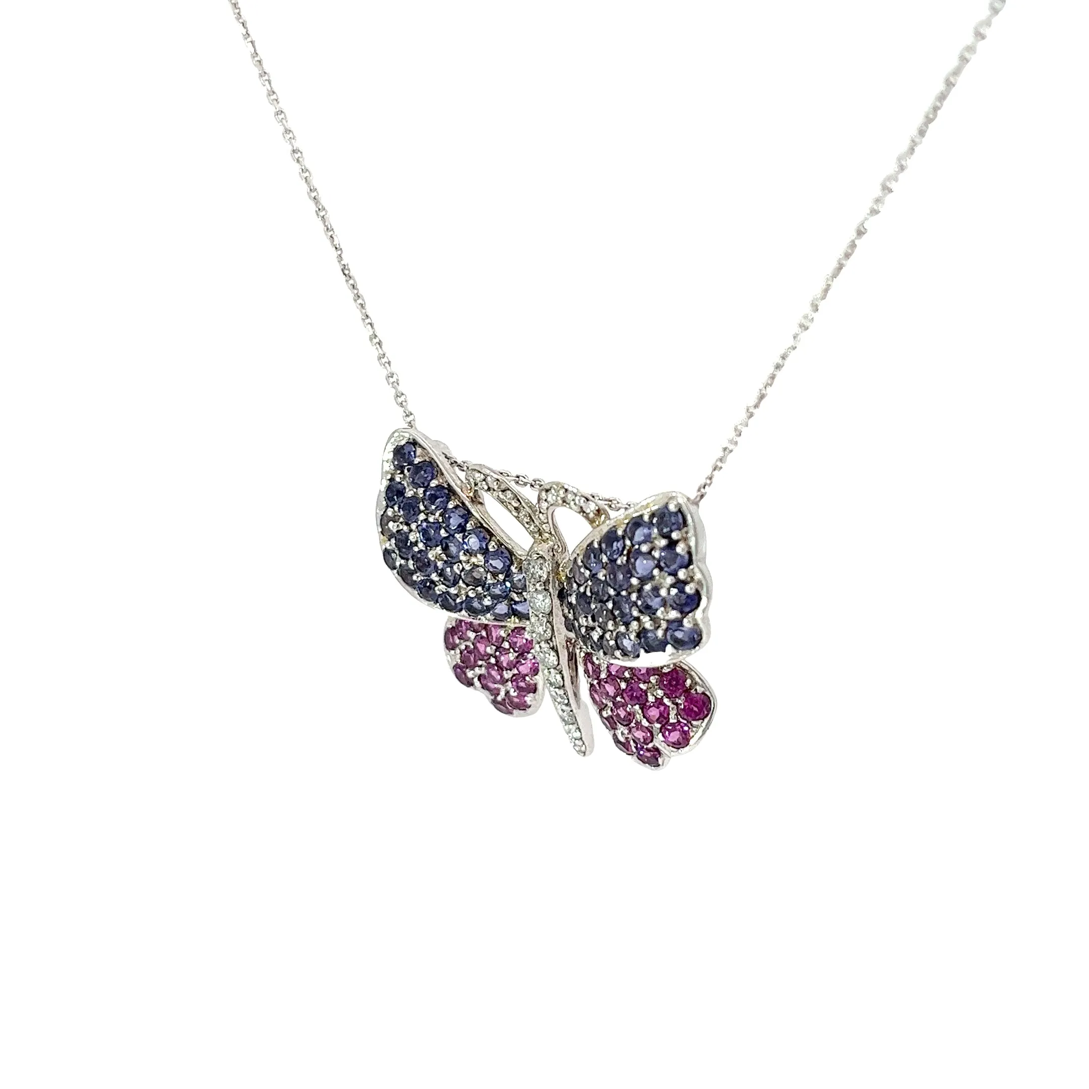 14k White Gold 3.00ct Round Sapphire and .25ct G SI1 Round Diamond Butterfly Necklace