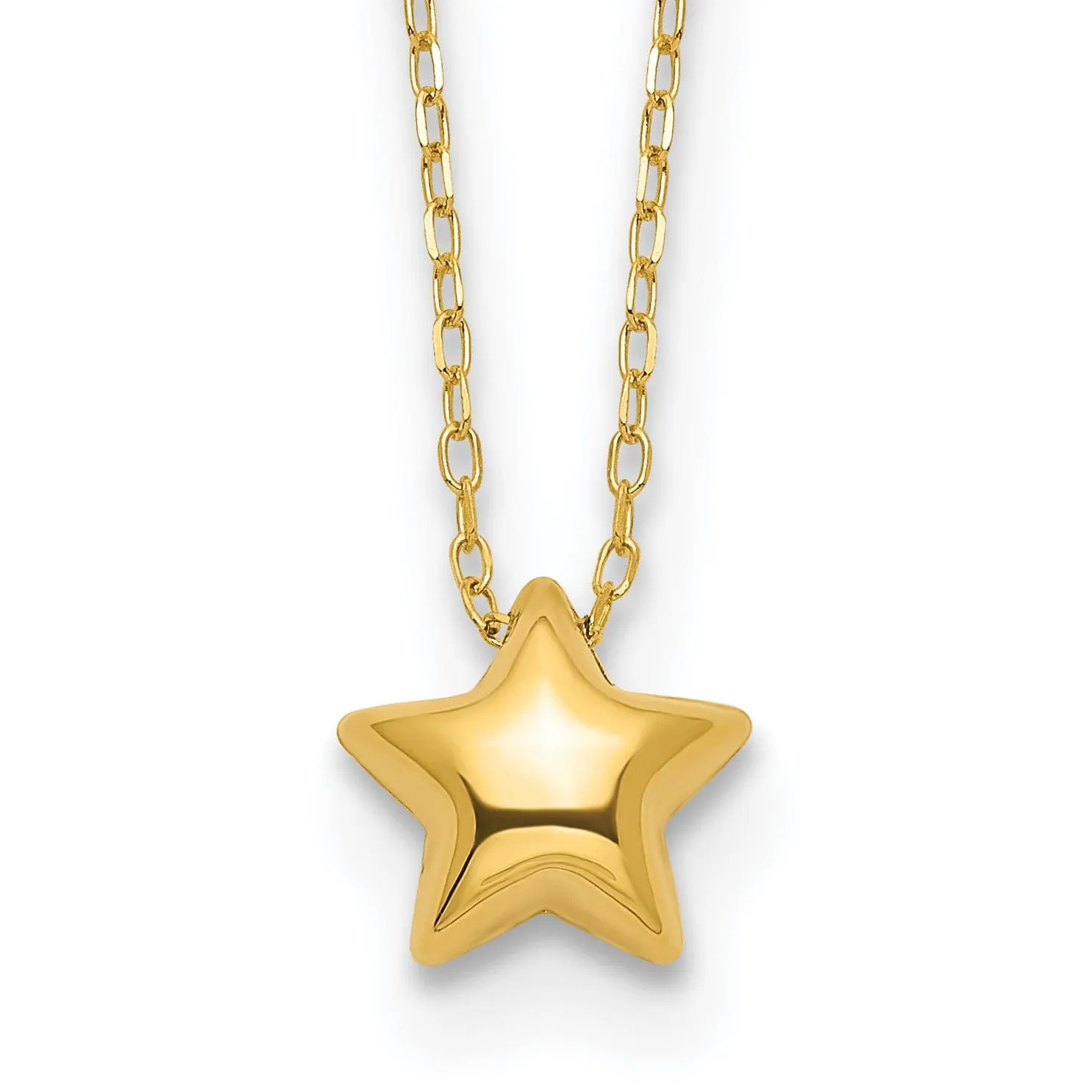 14k Yellow Gold Polished Finish 3-Dimensional Semi Solid Puffed Star Pendant in 16.5-Inch Cable Link Chain Necklace Set