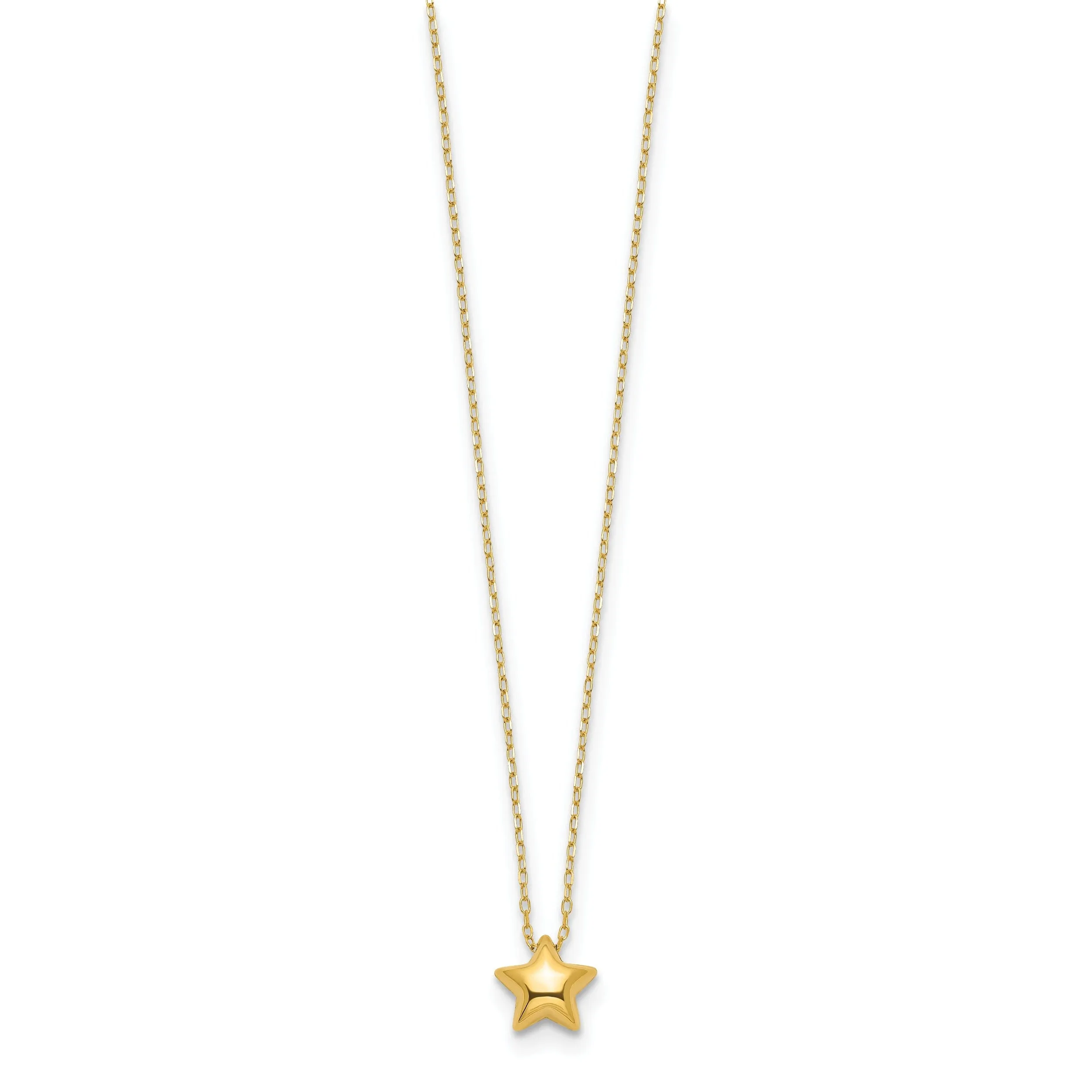 14k Yellow Gold Polished Finish 3-Dimensional Semi Solid Puffed Star Pendant in 16.5-Inch Cable Link Chain Necklace Set