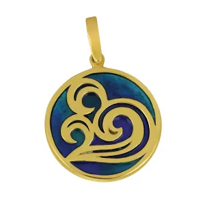 14k Yellow Gold Round Swirl Wave with Blue Enamel Pendant