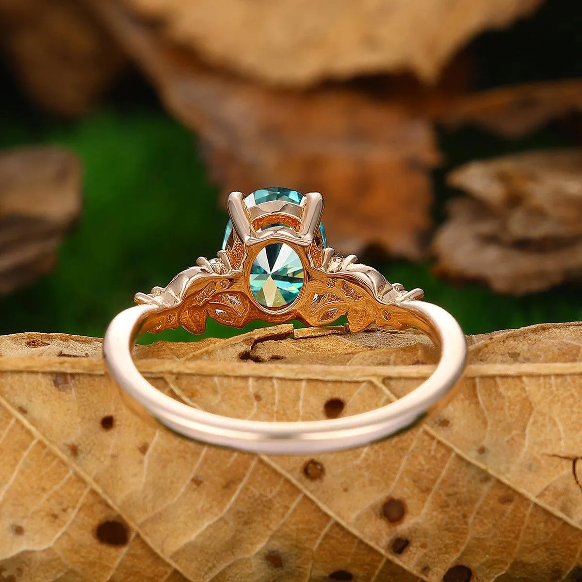 1.5 CT Oval Cut  Blue Moissanite 18k Gold Leaf Vines Shape Engagement Ring