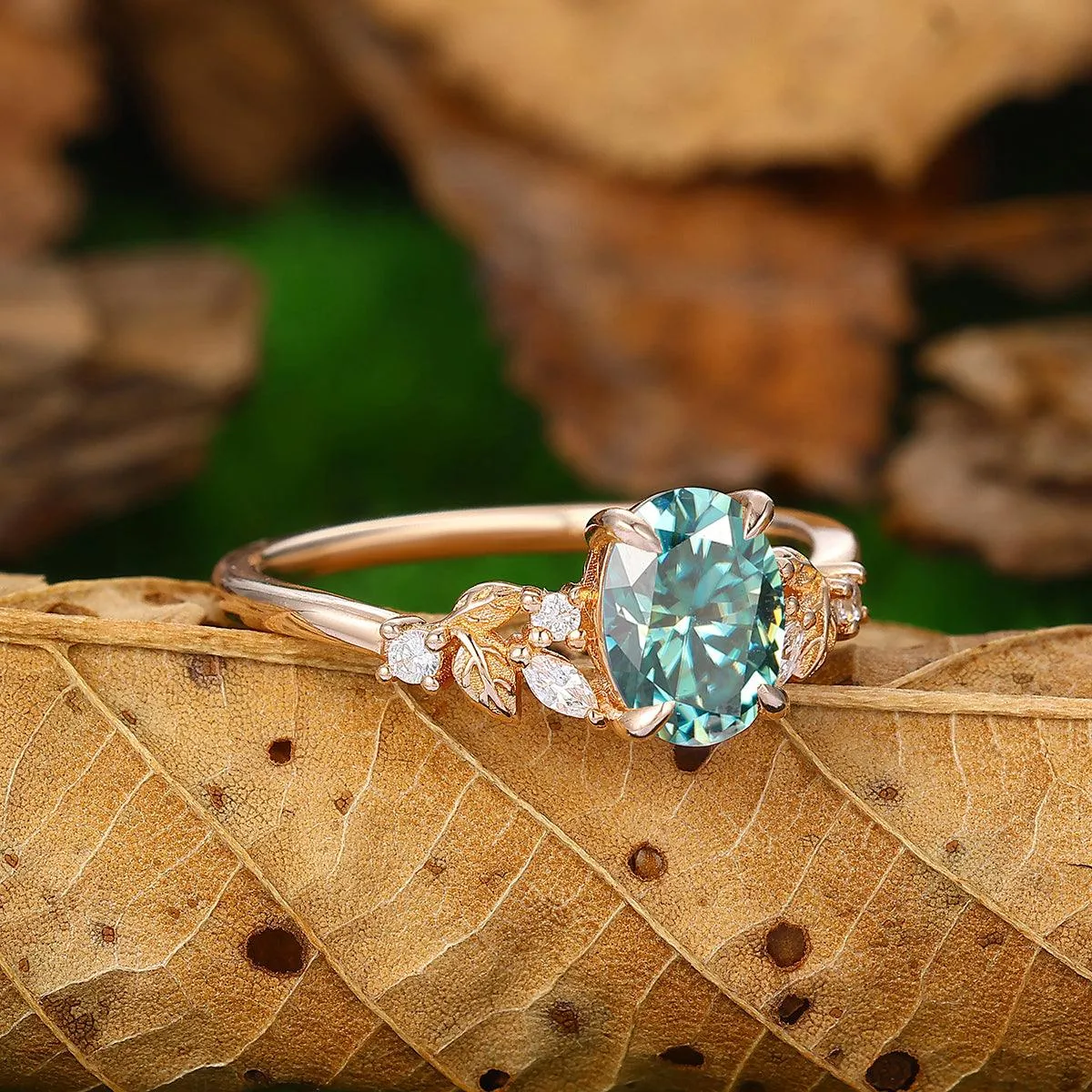 1.5 CT Oval Cut  Blue Moissanite 18k Gold Leaf Vines Shape Engagement Ring