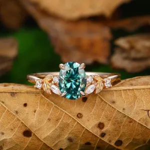 1.5 CT Oval Cut  Blue Moissanite 18k Gold Leaf Vines Shape Engagement Ring