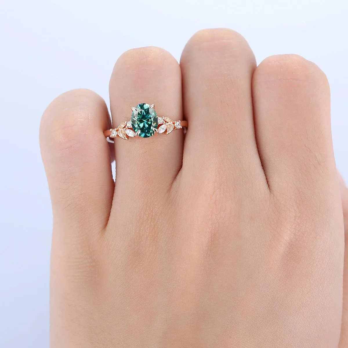 1.5 CT Oval Cut  Blue Moissanite 18k Gold Leaf Vines Shape Engagement Ring