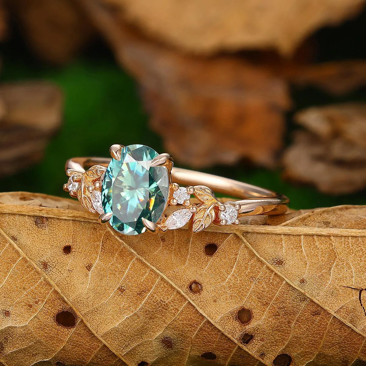 1.5 CT Oval Cut  Blue Moissanite 18k Gold Leaf Vines Shape Engagement Ring
