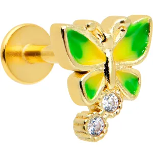 16 Gauge 1/4 Clear CZ Gem Gold Tone Green Butterfly Labret Tragus