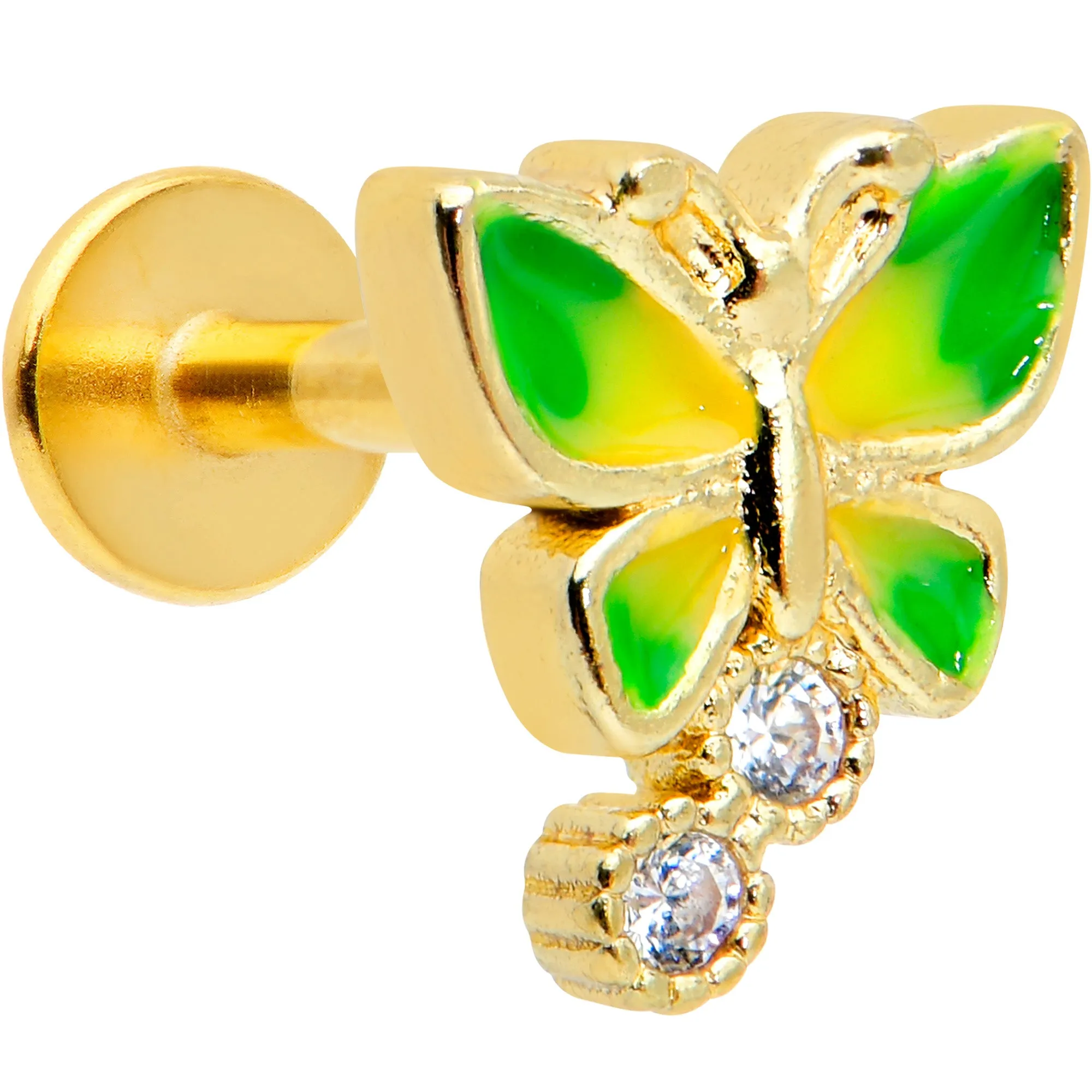 16 Gauge 1/4 Clear CZ Gem Gold Tone Green Butterfly Labret Tragus