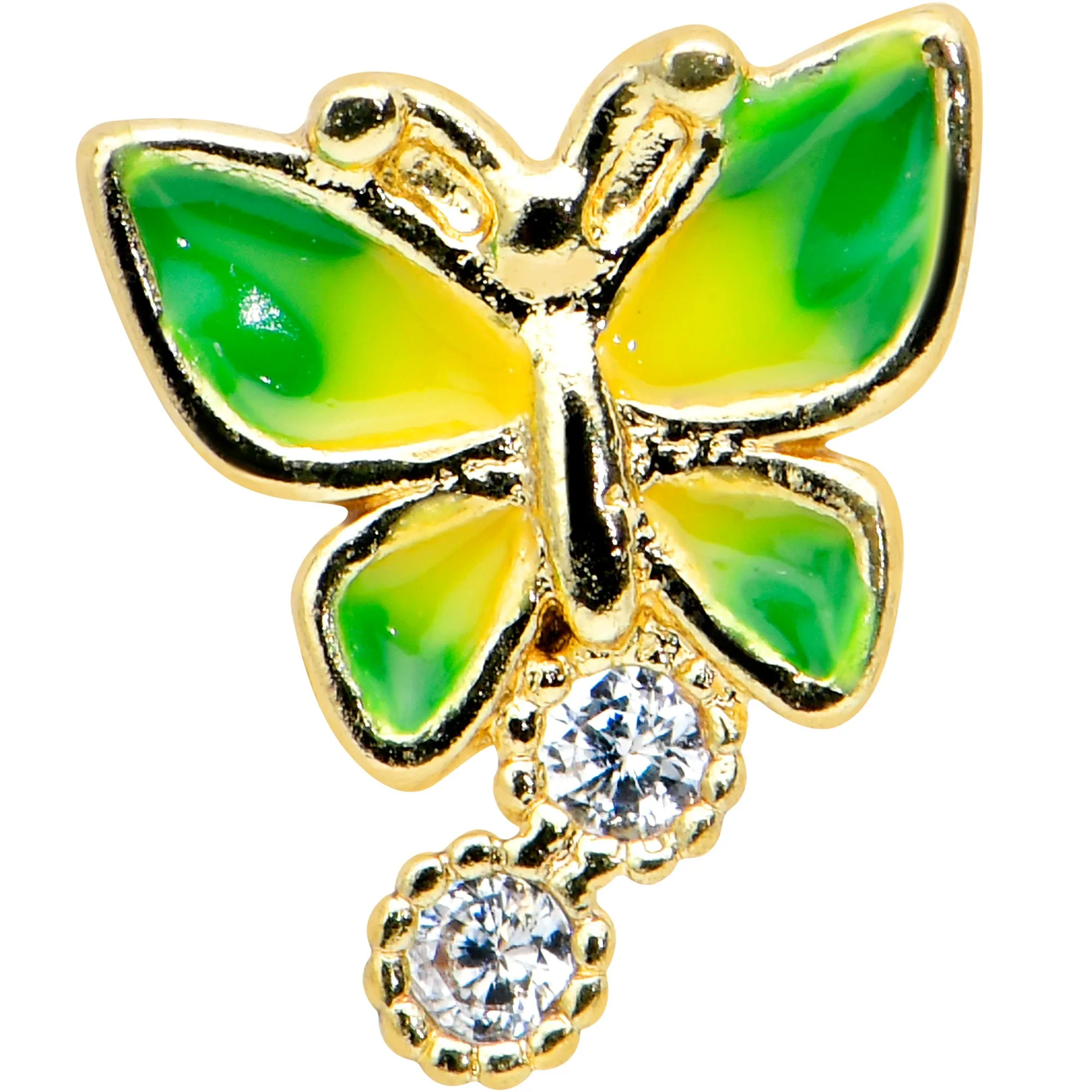 16 Gauge 1/4 Clear CZ Gem Gold Tone Green Butterfly Labret Tragus