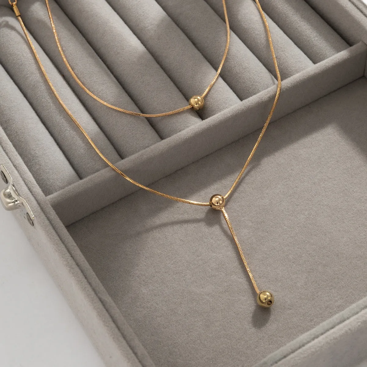 18K Gold-Plated Bead Drop Lariat Necklace Set