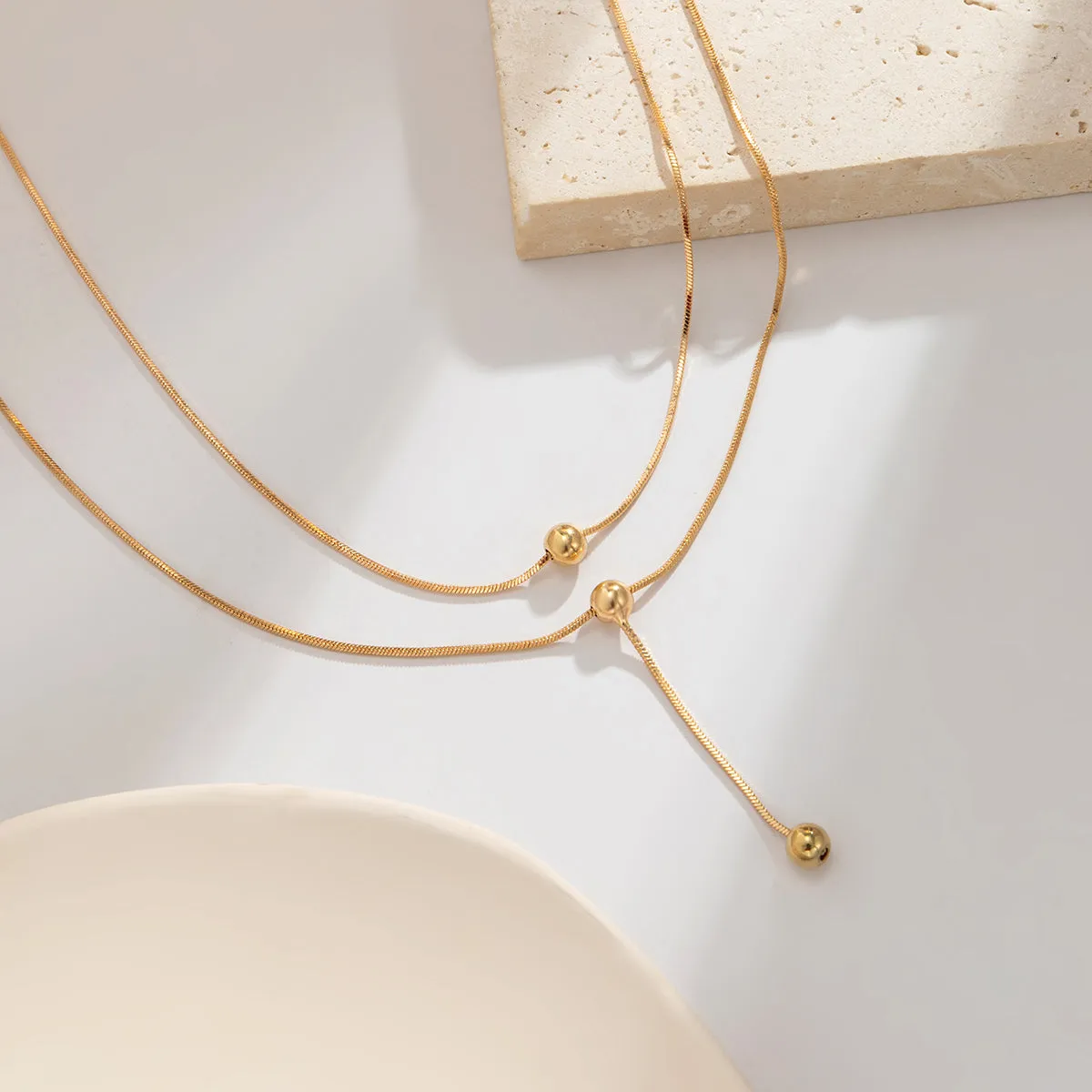 18K Gold-Plated Bead Drop Lariat Necklace Set
