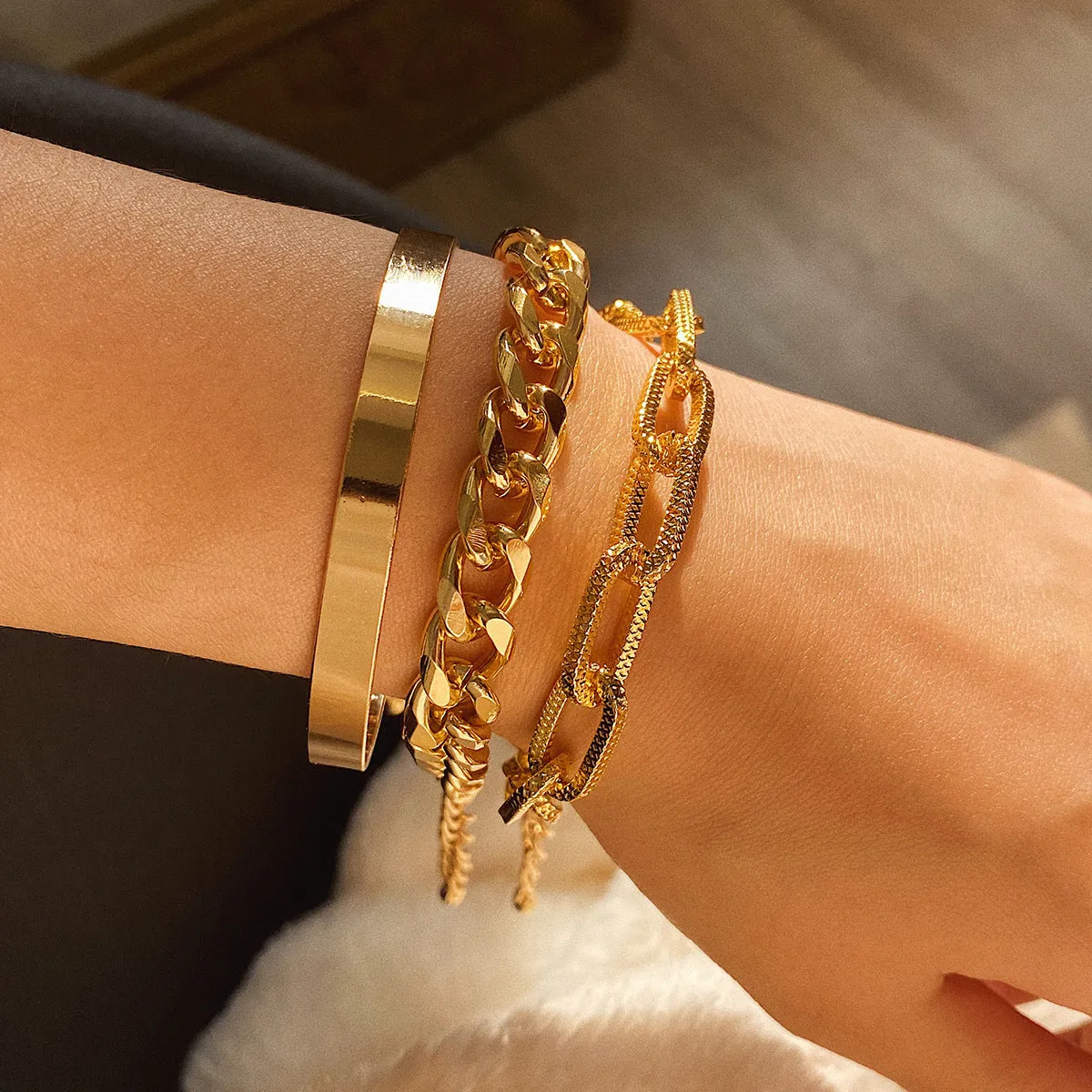 18K Gold-Plated Cable Chain Bracelet Set