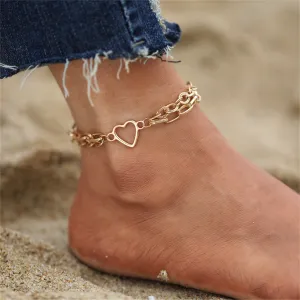 18K Gold-Plated Layered Cable Chain Openwork Heart Anklet