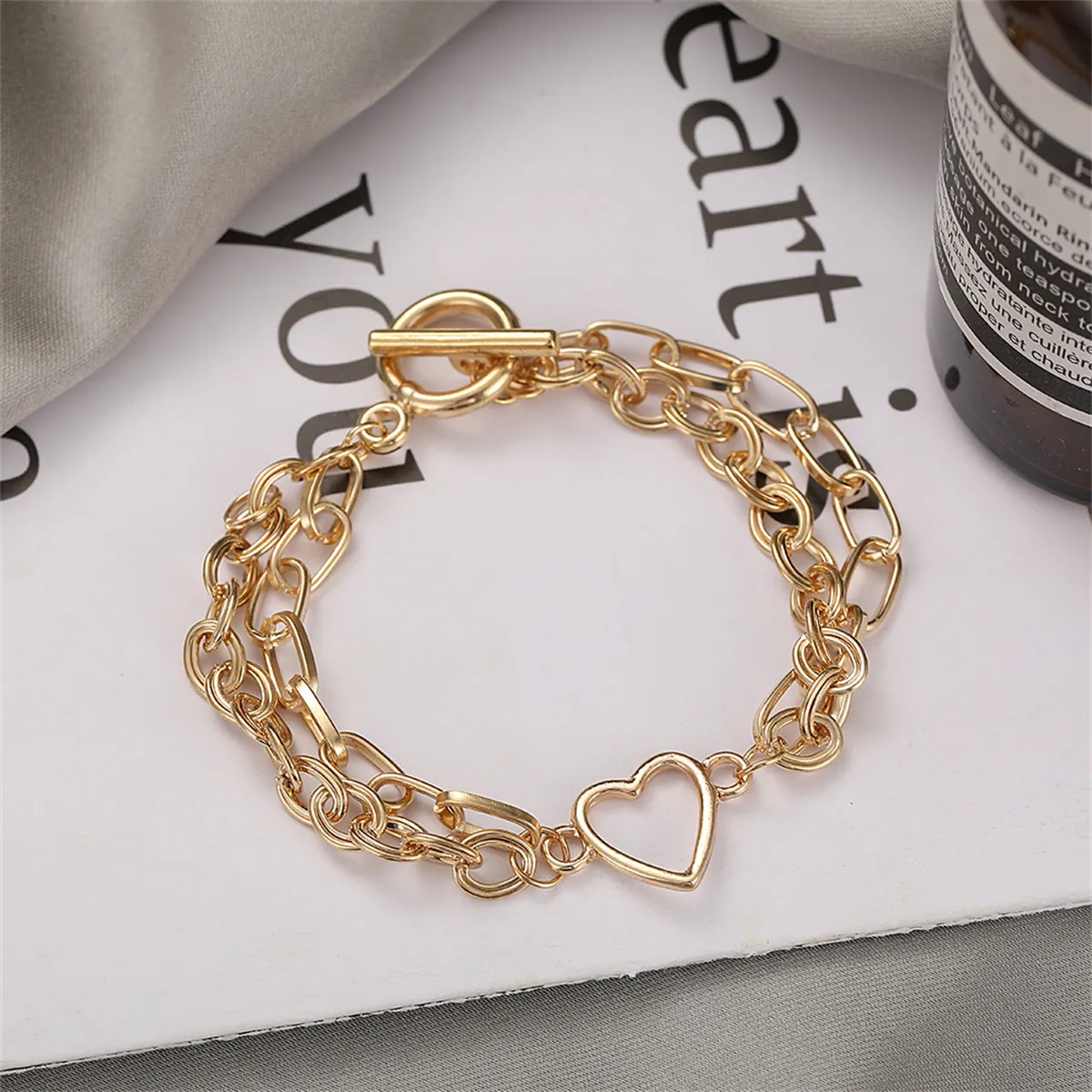18K Gold-Plated Layered Cable Chain Openwork Heart Anklet