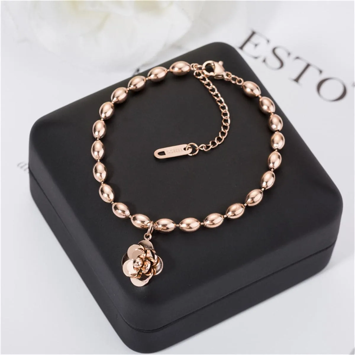 18K Rose Gold-Plated Camellia Flower Bead Charm Bracelet