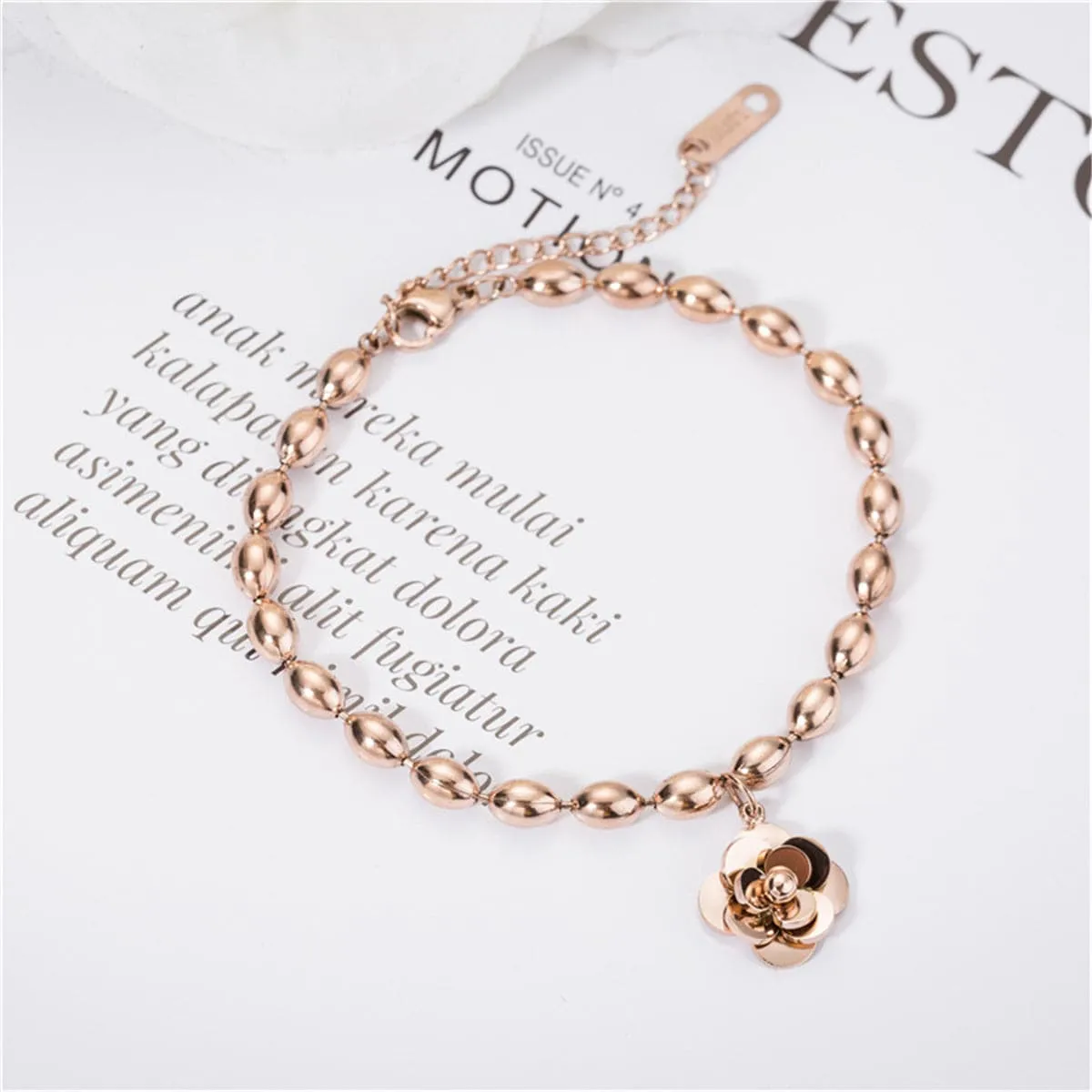18K Rose Gold-Plated Camellia Flower Bead Charm Bracelet