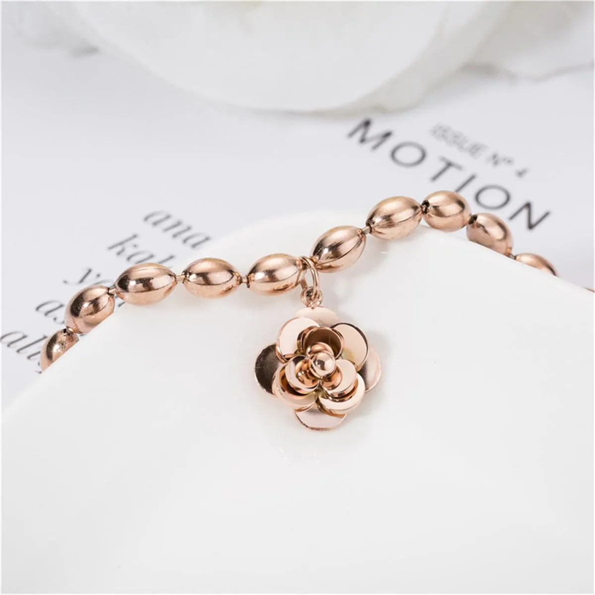 18K Rose Gold-Plated Camellia Flower Bead Charm Bracelet
