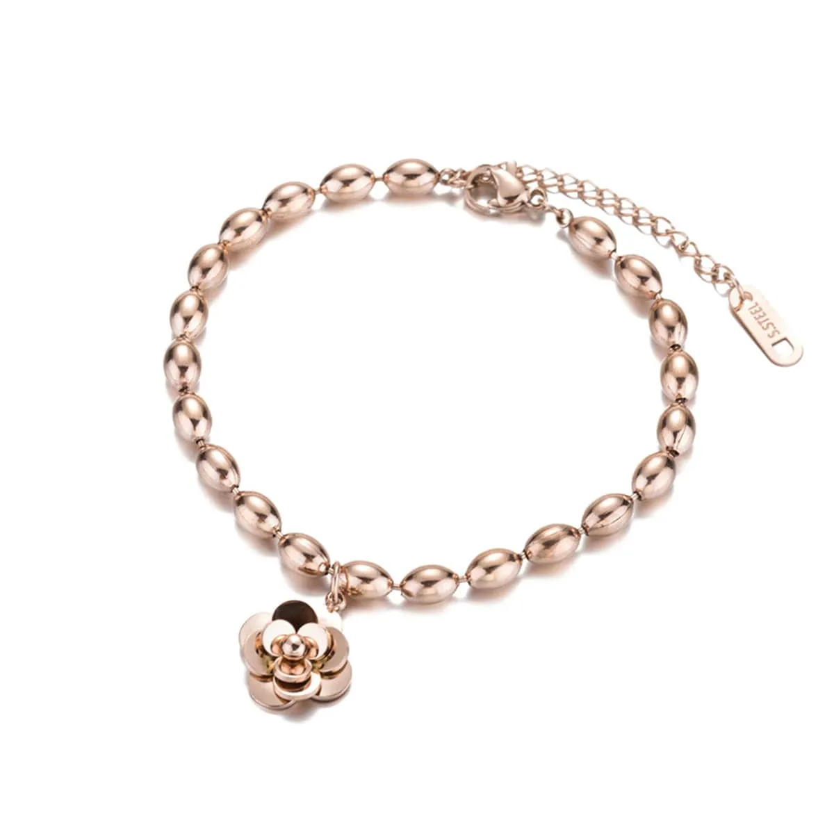 18K Rose Gold-Plated Camellia Flower Bead Charm Bracelet