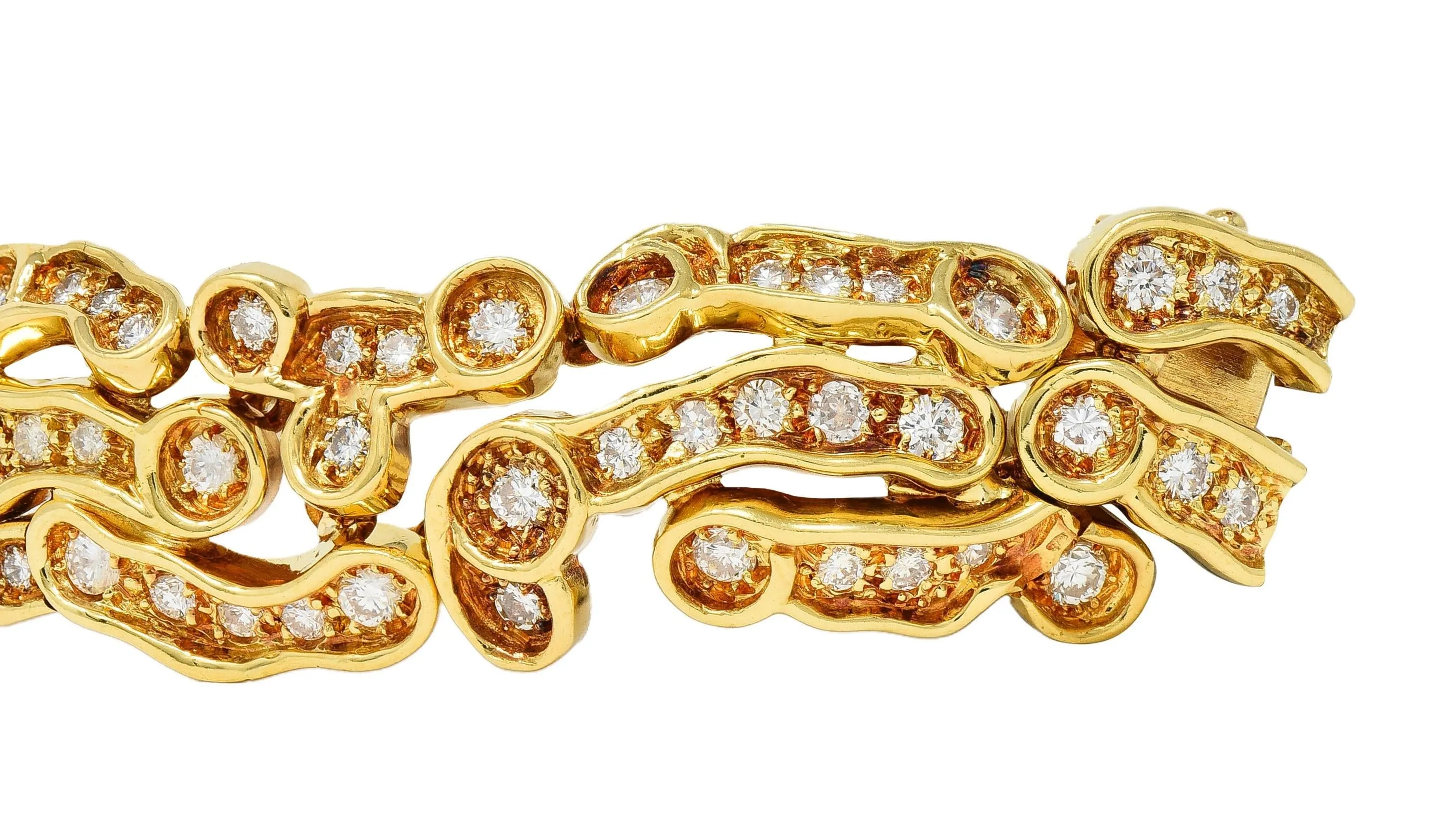 1960's French 7.13 CTW Diamond 18 Karat Yellow Gold Vintage Organic Panther Link Bracelet