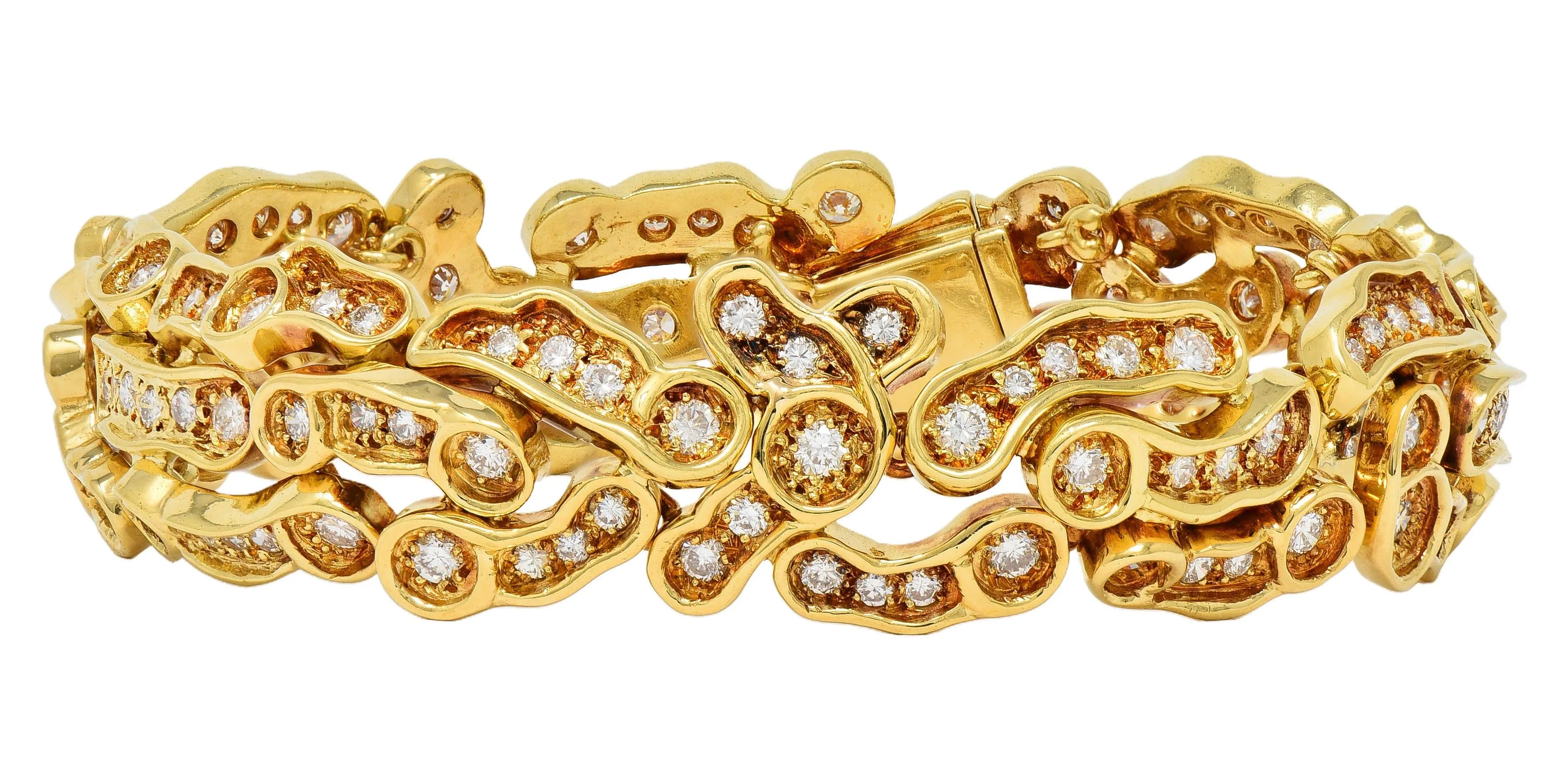 1960's French 7.13 CTW Diamond 18 Karat Yellow Gold Vintage Organic Panther Link Bracelet