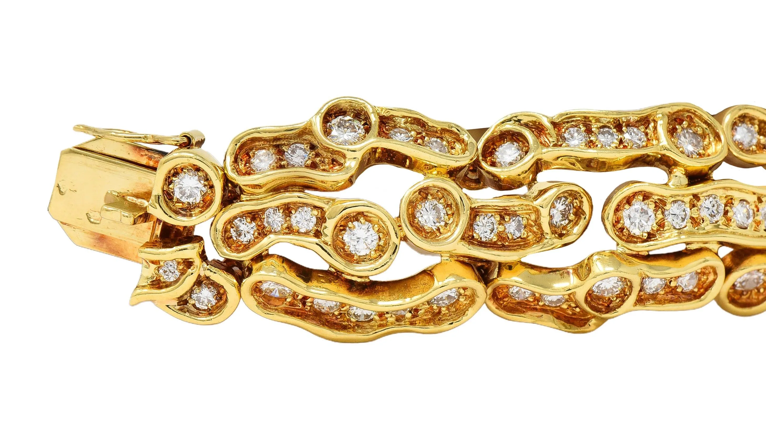 1960's French 7.13 CTW Diamond 18 Karat Yellow Gold Vintage Organic Panther Link Bracelet