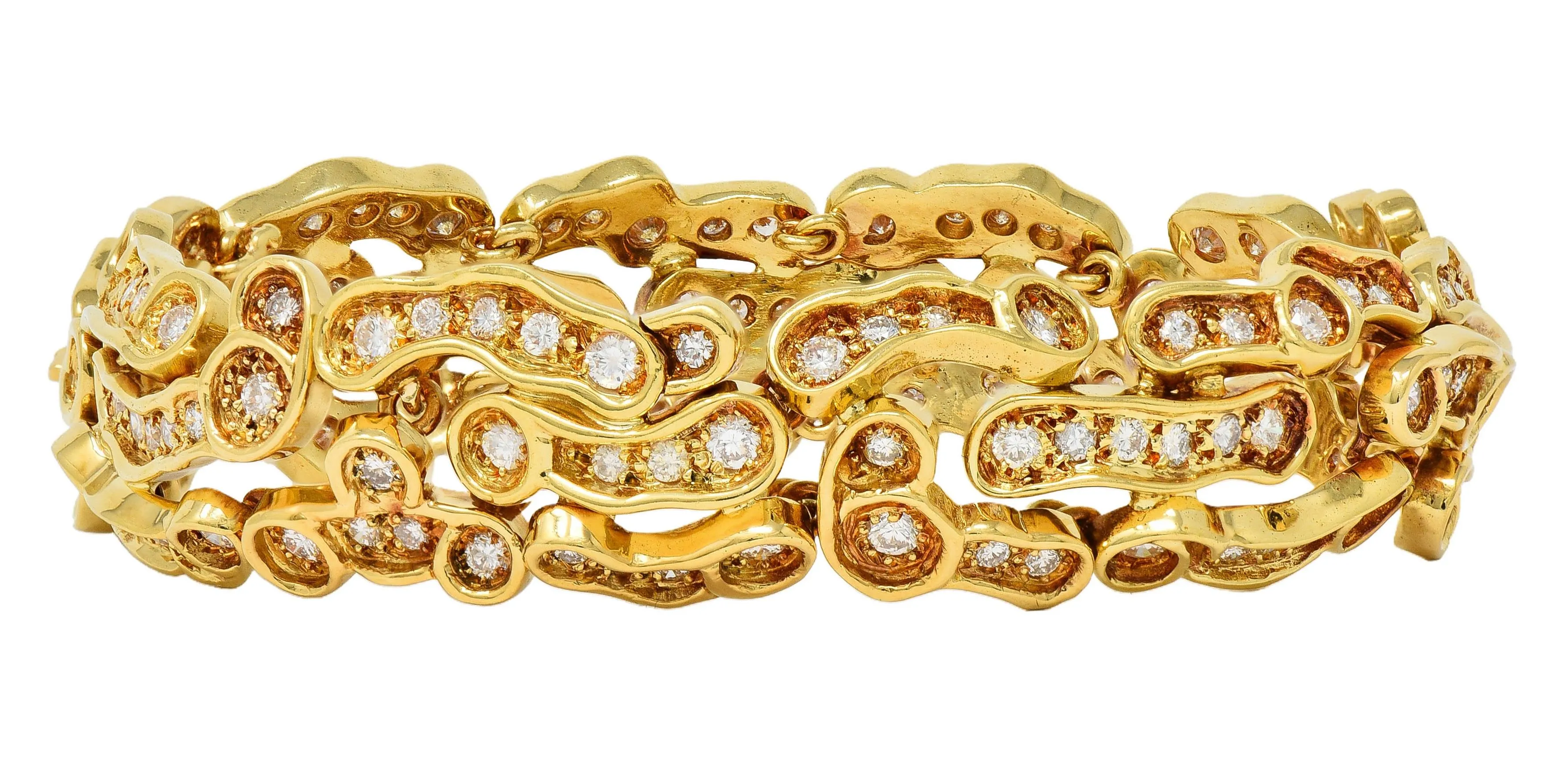 1960's French 7.13 CTW Diamond 18 Karat Yellow Gold Vintage Organic Panther Link Bracelet
