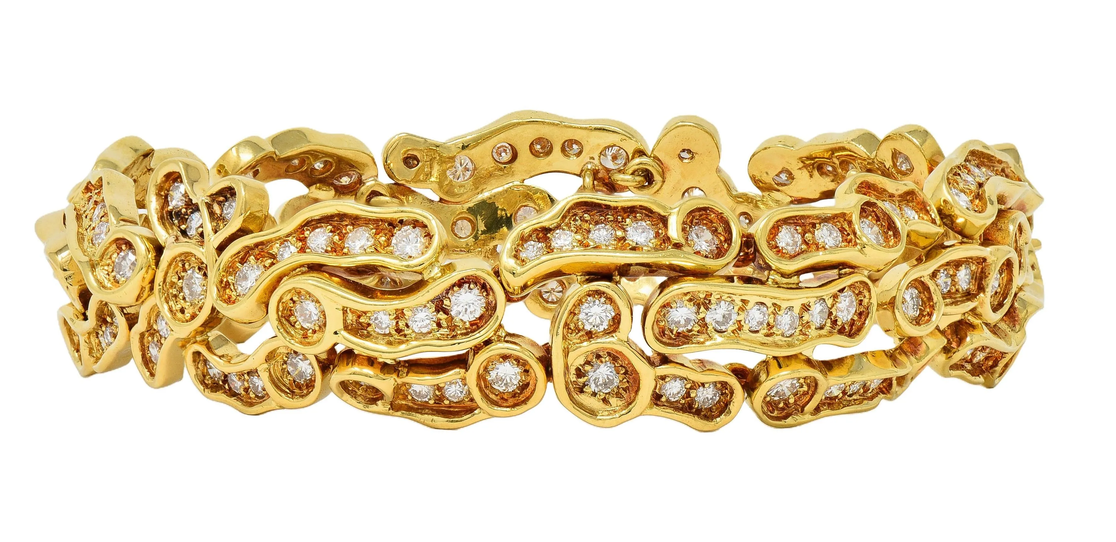 1960's French 7.13 CTW Diamond 18 Karat Yellow Gold Vintage Organic Panther Link Bracelet