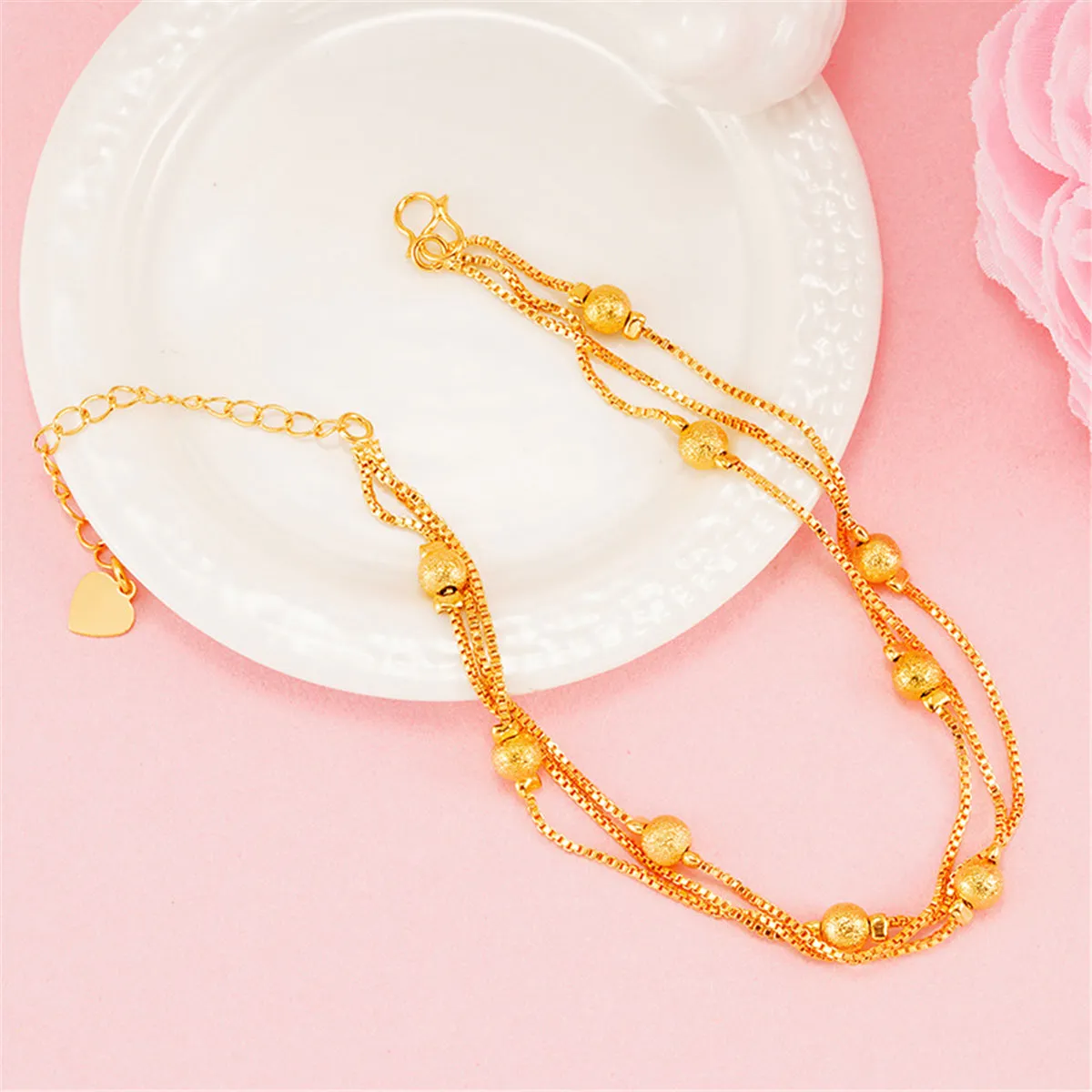 24K Gold-Plated Round Bead Layered Anklet