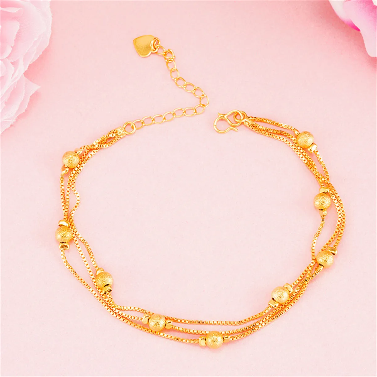 24K Gold-Plated Round Bead Layered Anklet