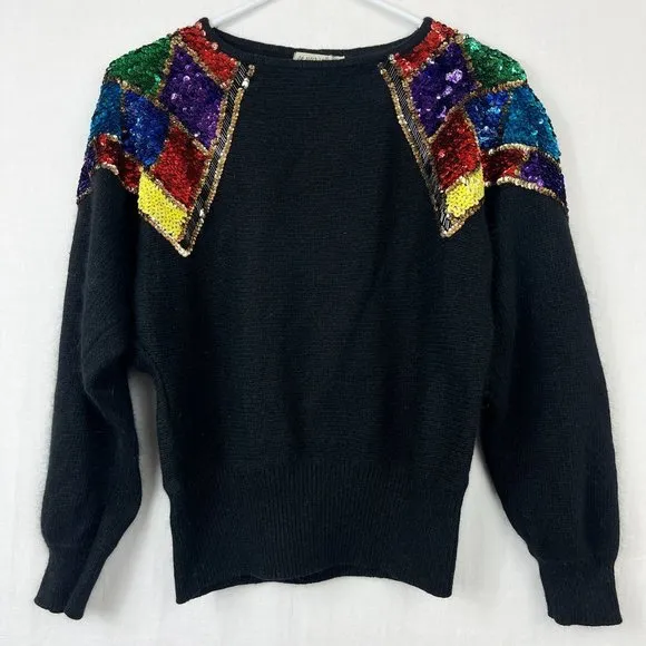 70s 80s De Rotchild Silk Angora Knit Sweater Sequins Womens S Disco Fuzzy Retro