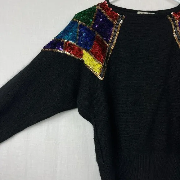 70s 80s De Rotchild Silk Angora Knit Sweater Sequins Womens S Disco Fuzzy Retro