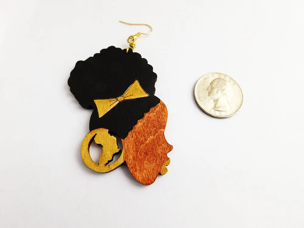 African Earrings Black Woman Silhouette Hand Painted Wooden Gold Black Ethnic Jewelry