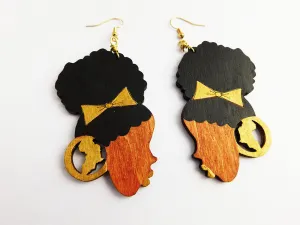 African Earrings Black Woman Silhouette Hand Painted Wooden Gold Black Ethnic Jewelry