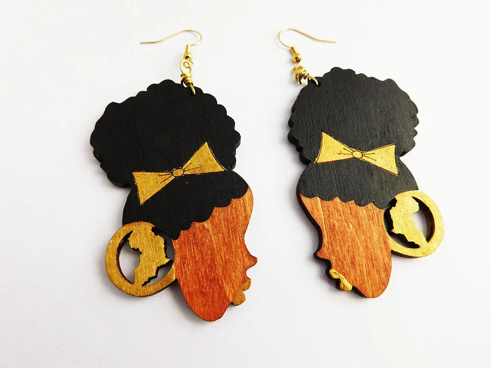African Earrings Black Woman Silhouette Hand Painted Wooden Gold Black Ethnic Jewelry