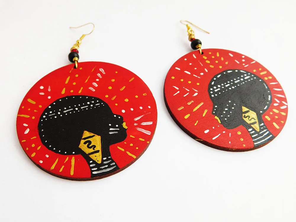 African Earrings Red Tribal Woman Jewelry Hand Painted Afrocentric Ethnic