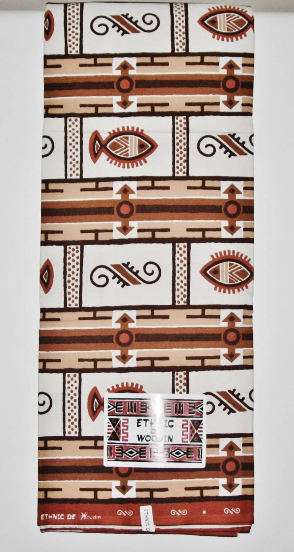 African Fabric 6 Yards Ethnic De Woodin Vlisco Classic Ivory, Sepia Brown