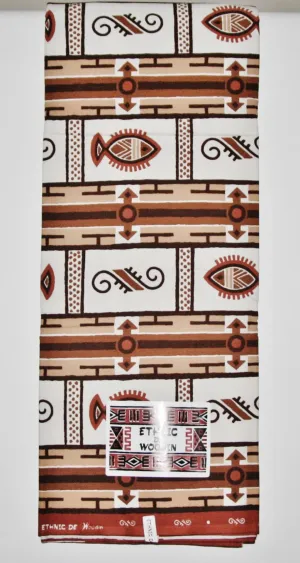 African Fabric 6 Yards Ethnic De Woodin Vlisco Classic Ivory, Sepia Brown
