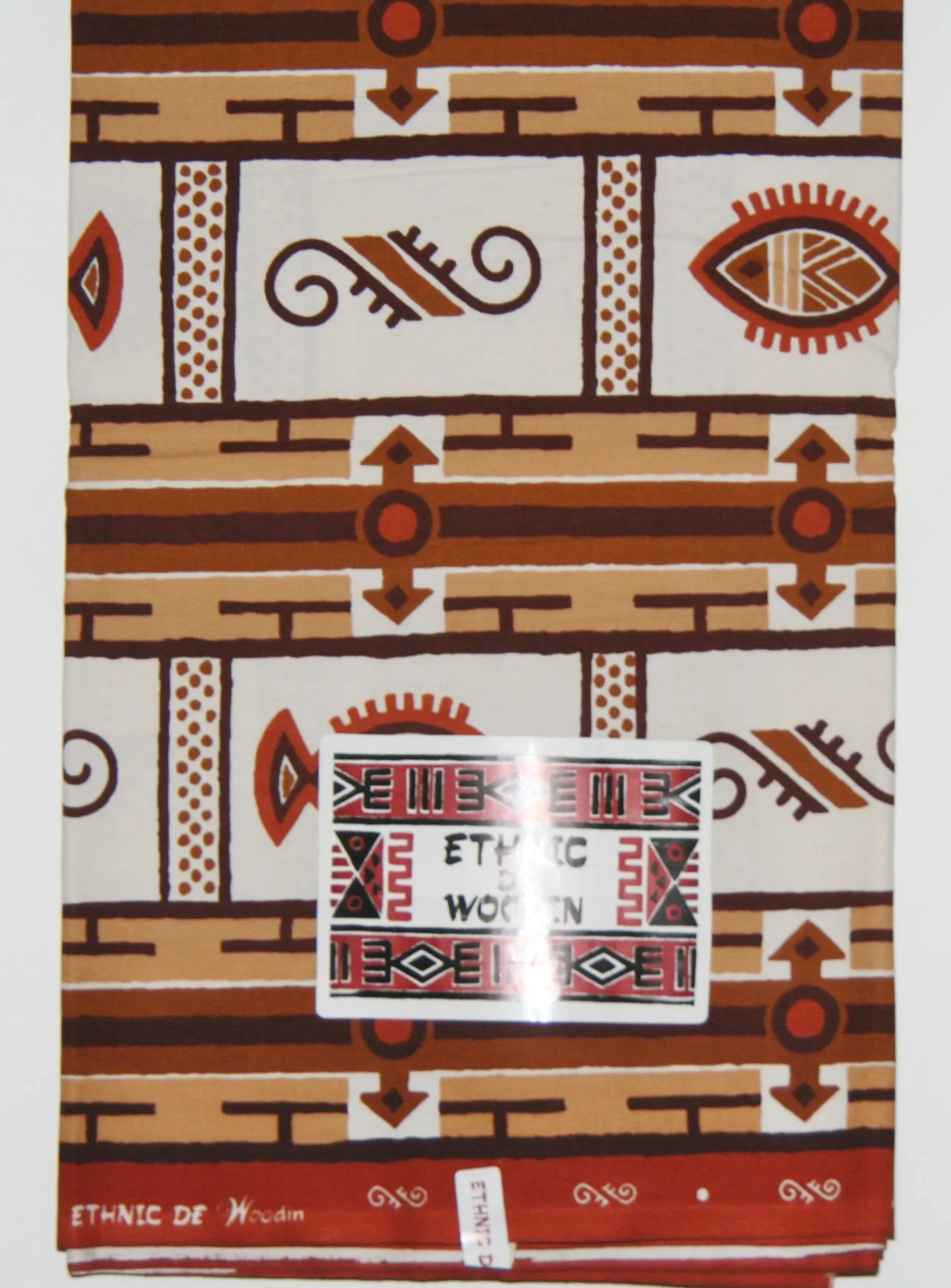 African Fabric 6 Yards Ethnic De Woodin Vlisco Classic Ivory, Sepia Brown