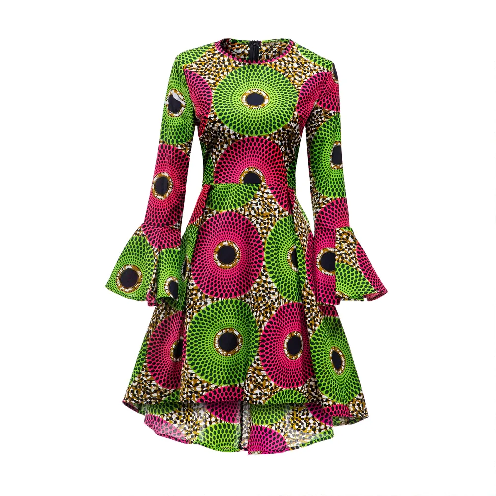 African Kitenge Wax Print Ankara High Low Hem Above Knee Ruffles Long Flute Sleeve