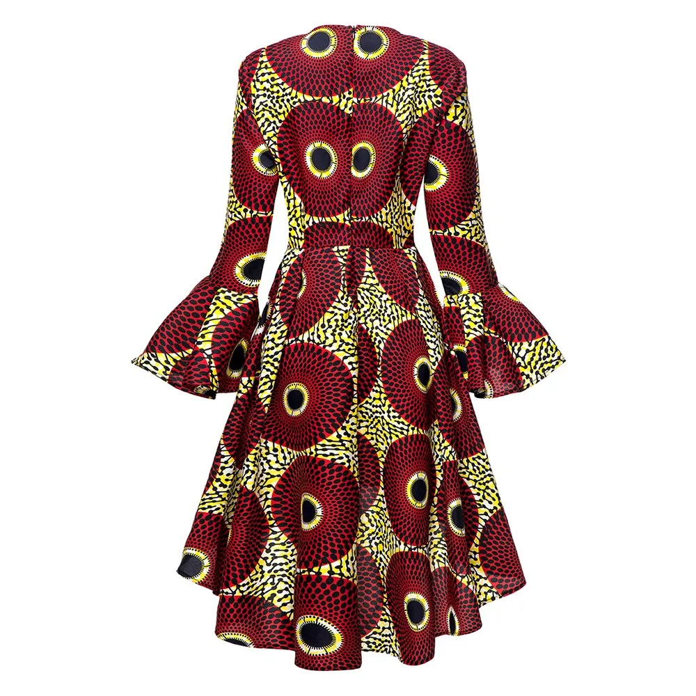 African Kitenge Wax Print Ankara High Low Hem Above Knee Ruffles Long Flute Sleeve