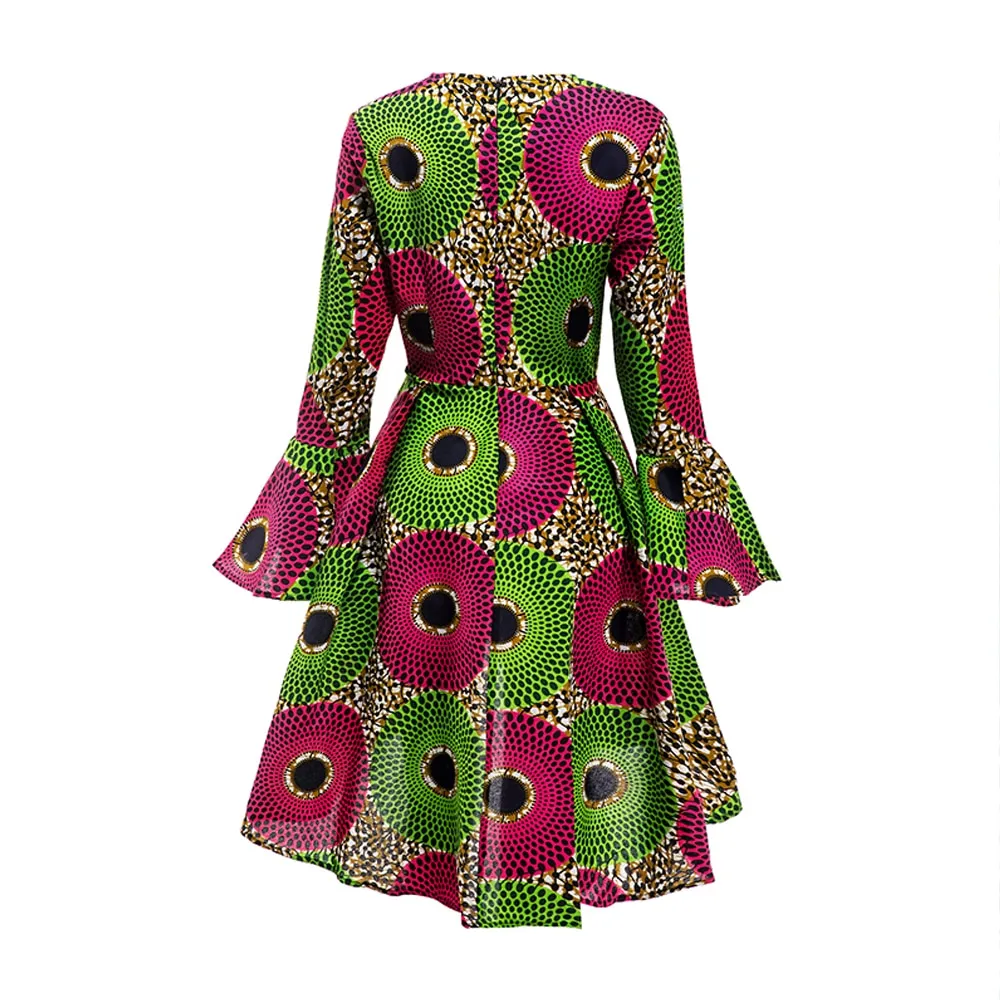 African Kitenge Wax Print Ankara High Low Hem Above Knee Ruffles Long Flute Sleeve