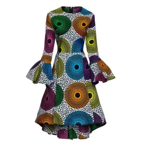 African Kitenge Wax Print Ankara High Low Hem Above Knee Ruffles Long Flute Sleeve