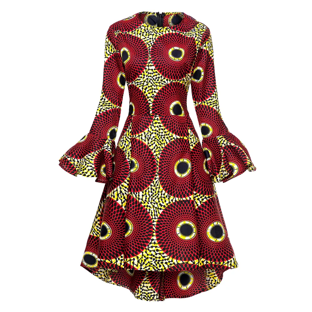 African Kitenge Wax Print Ankara High Low Hem Above Knee Ruffles Long Flute Sleeve
