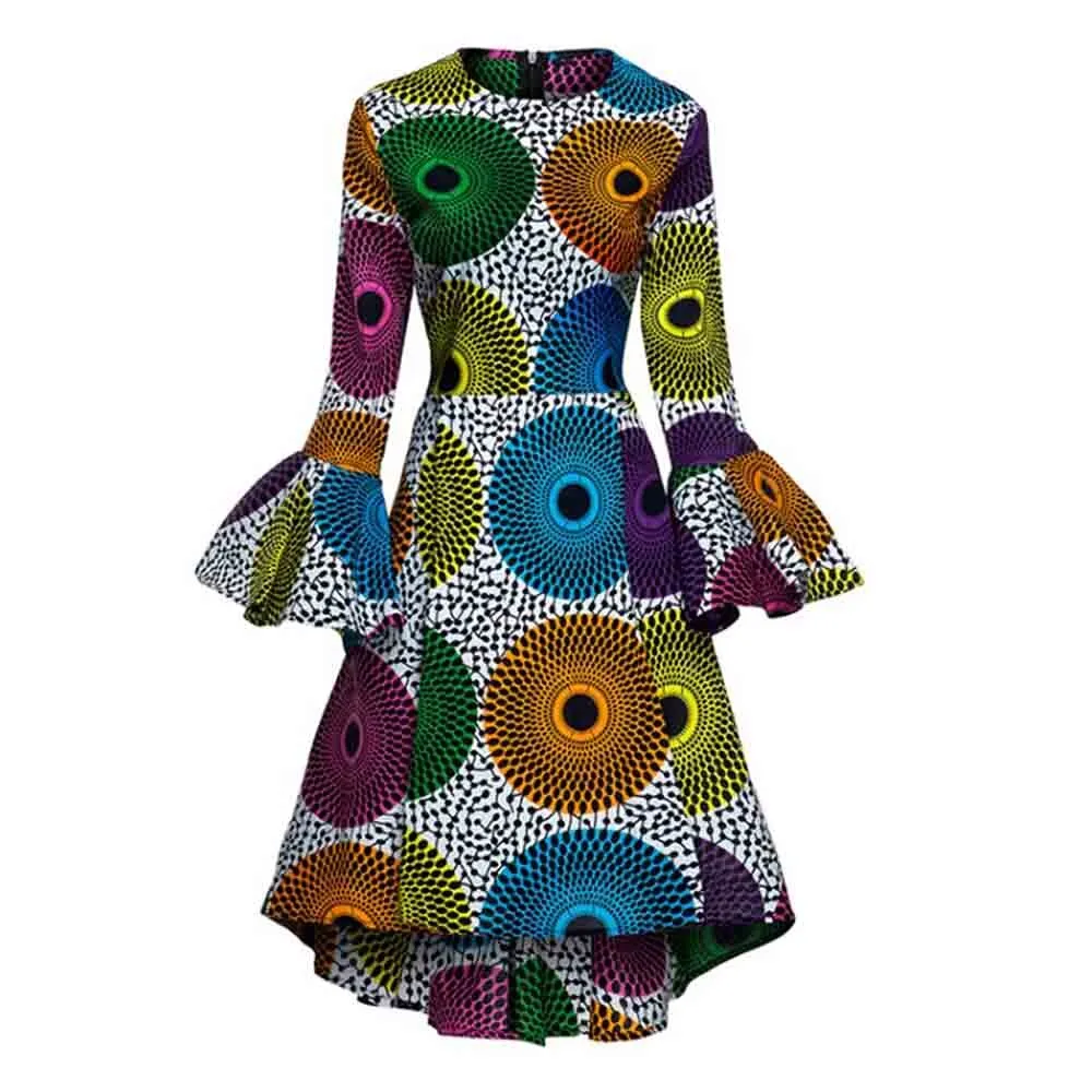African Kitenge Wax Print Ankara High Low Hem Above Knee Ruffles Long Flute Sleeve