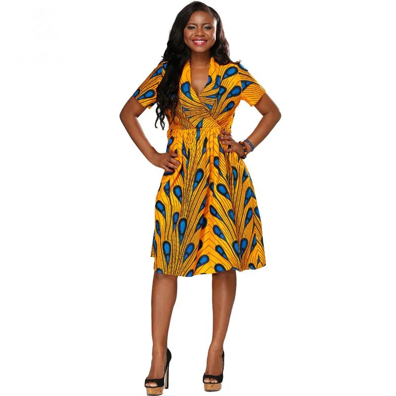 African Kitenge Wax Print Ankara Retro Inspired Wrap Short Sleeve Dress