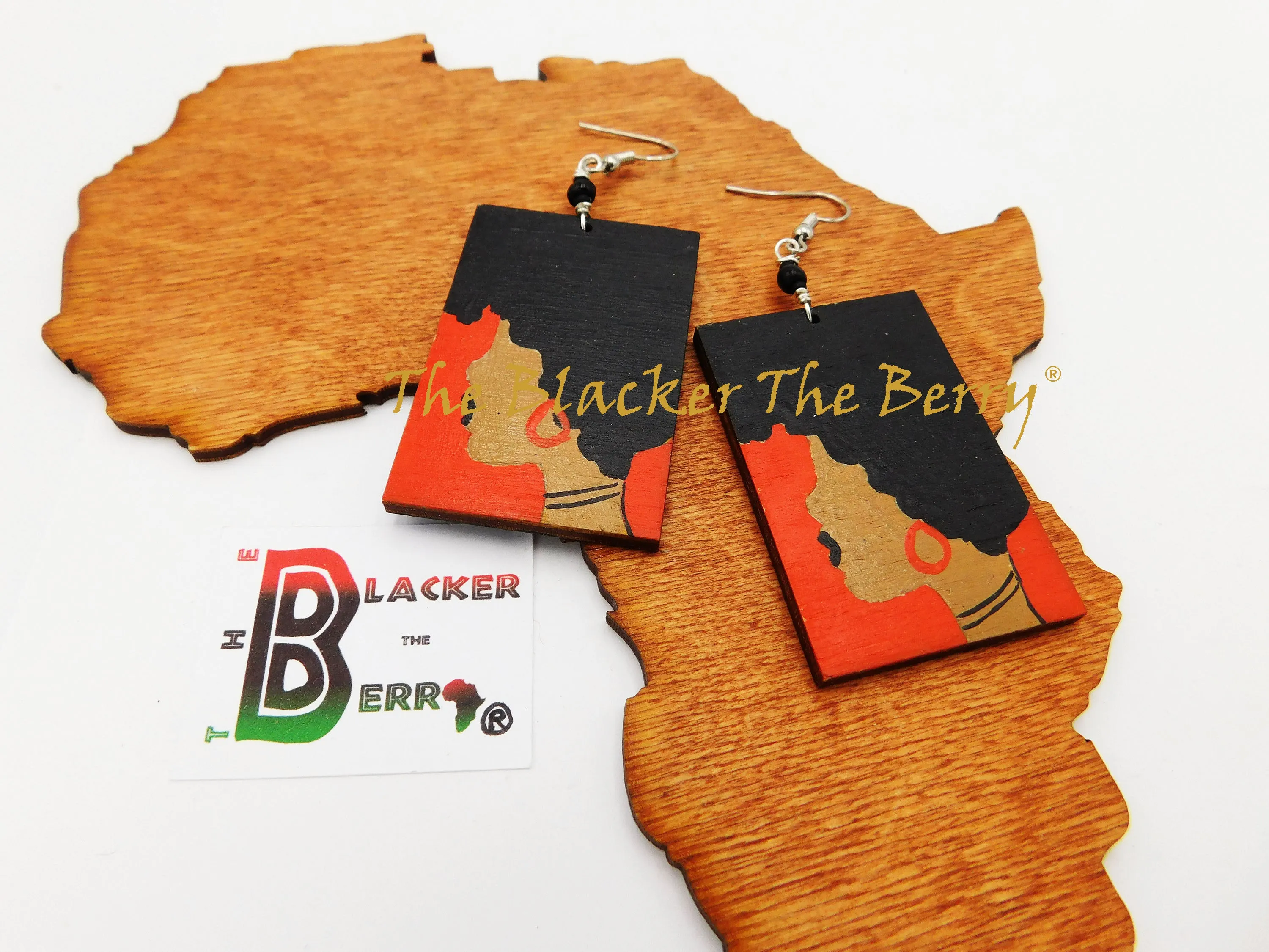 Afro Earrings African American Jewelry Hand Painted Wooden Ethnic Afrocentric