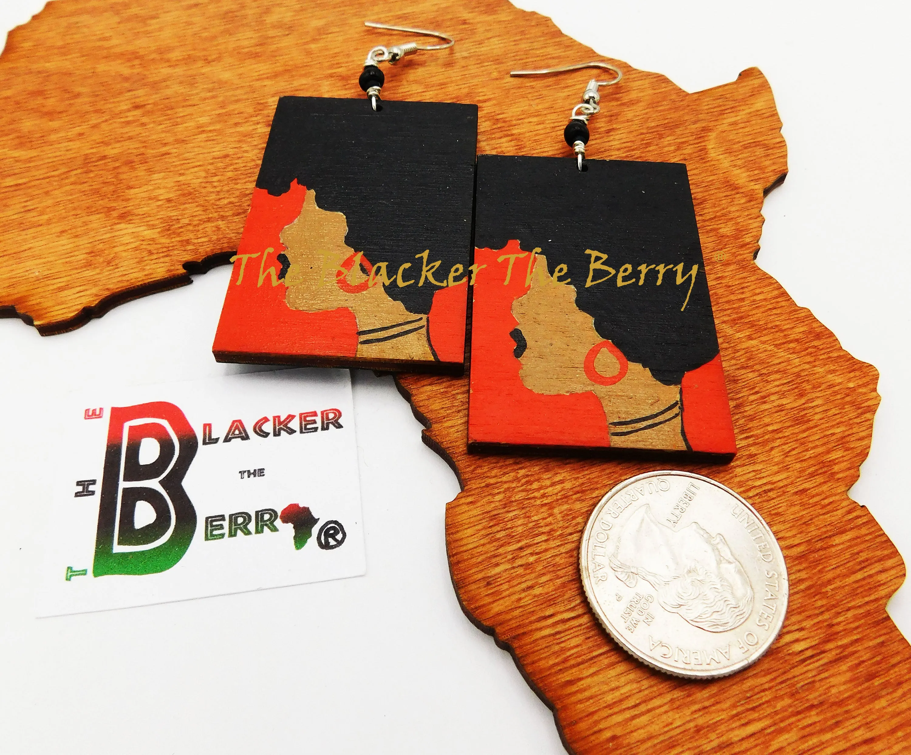 Afro Earrings African American Jewelry Hand Painted Wooden Ethnic Afrocentric